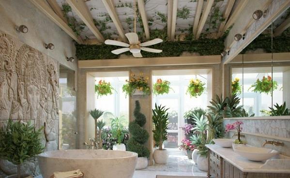 Kylpyhuone Aasiasta seinäkoristekasvien katto