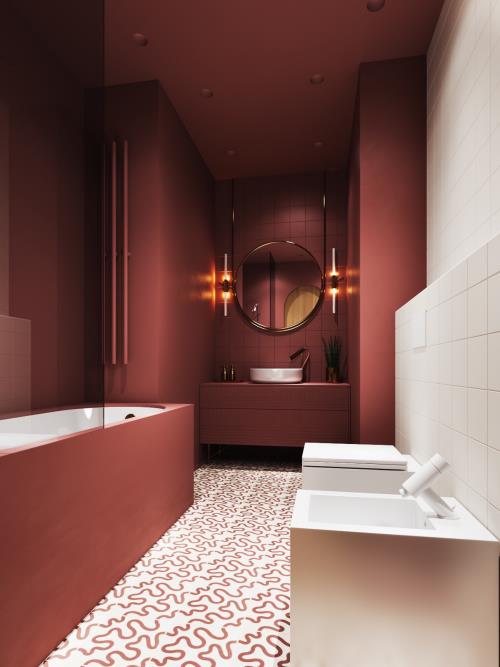 Kylpyhuone punaisessa tyylikkäässä kylpyhuoneessa tilava pehmeä vivahde yhdistettynä valkoiseen kylpyammeeseen