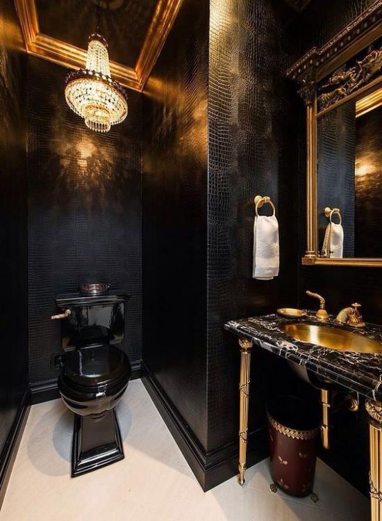 Kylpyhuone musta ja kultainen wc mielenkiintoinen kylpyhuone valaistus sisäänrakennettu valo peili turhamaisuus oikea valkoinen kangas