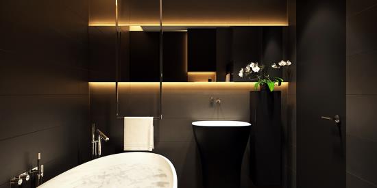 Kylpyhuone musta ja kulta sisäänrakennettu valo erittäin trendikäs modernissa kylpyhuoneessa