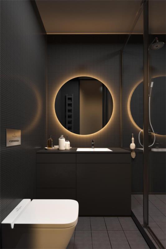 Kylpyhuone musta ja kulta tyylikäs kylpyhuone design sisäänrakennettu peilivalo erittäin trendikäs
