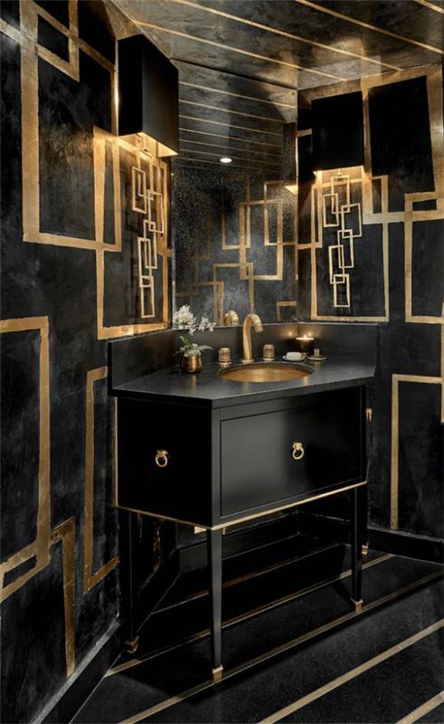 Kylpyhuone musta ja kulta musta laatat musta turhamaisuus varusteet lamput kullan kiiltoa