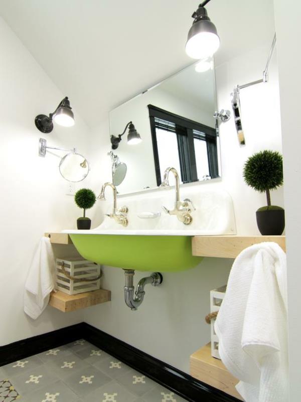 Kylpyhuoneideoita pienelle kylpyhuoneelle, jossa on alkuperäinen vihreä pesuallas