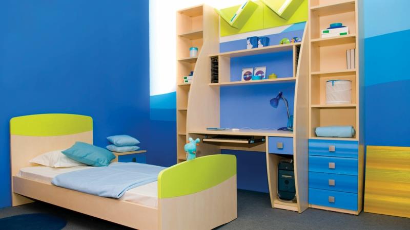 Kuvia lastenhuone poika lasten huonekalut seinämaali sininen