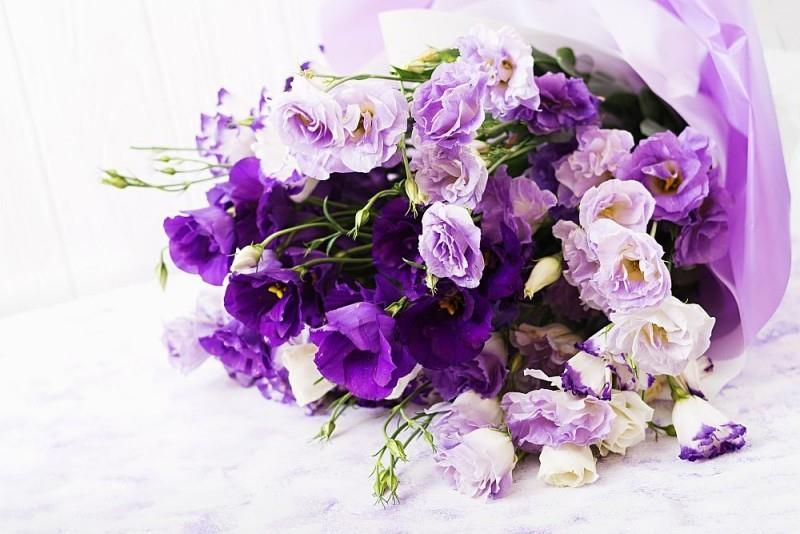 Kauniita kukkakimppuja valkoisesta, violetista ja violetista eustomasta.