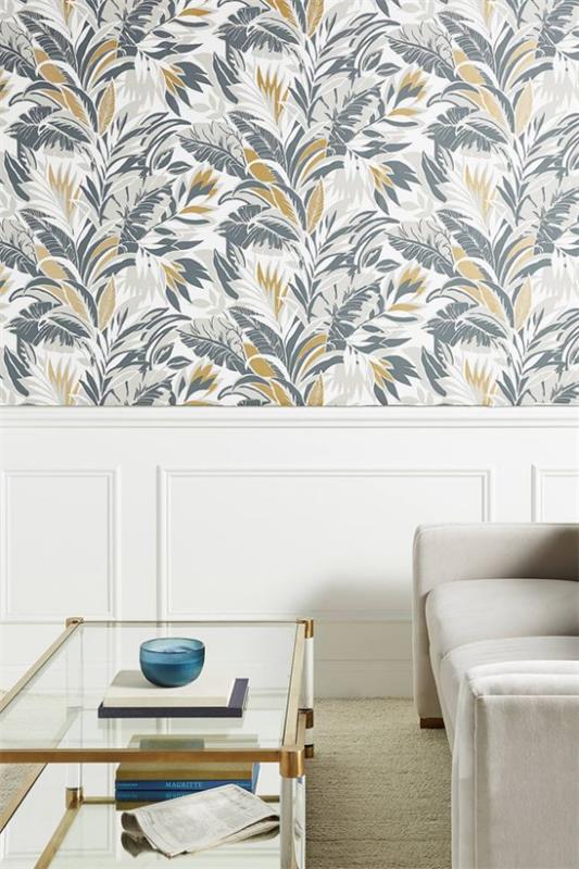 Kukka -taustakuvan koristetrendi 2020 olohuone vaaleanharmaa sohva seinämaalaus tapetti pehmeä sininen harmaa kulta kukkakuvio