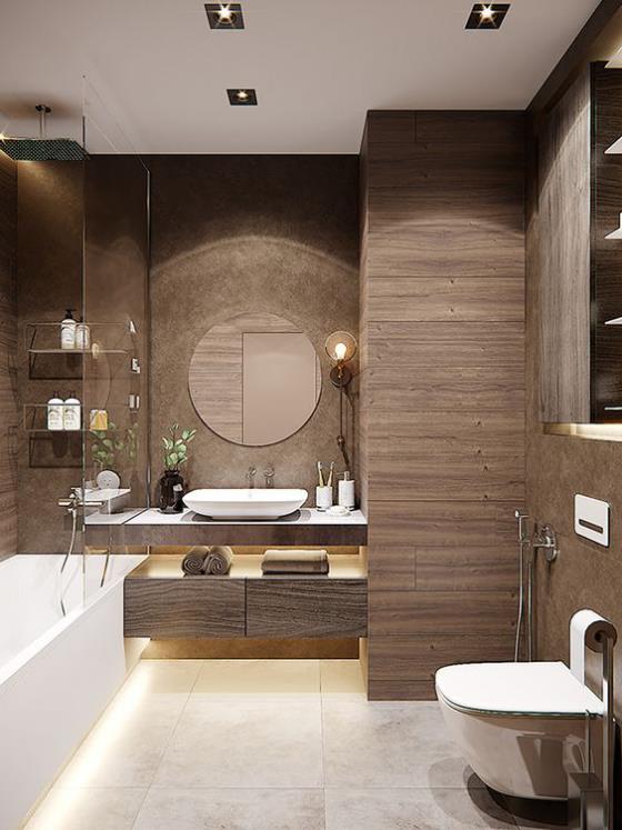 Ruskeat modernit kylpyhuoneen kylpyhuoneen laatat puusta näyttävät kauniilta lämpimältä ruskealta sävyltä erittäin tyylikkäältä