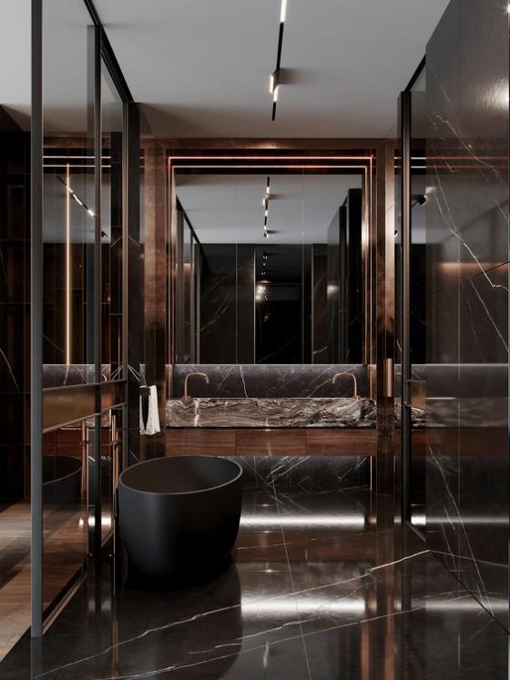Ruskea moderni kylpyhuone tummanruskea ja musta yhdistelmälasipeili tyylikäs ylellinen kylpyhuone