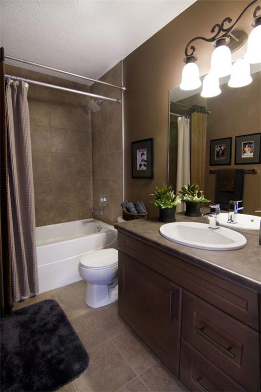 Ruskea moderni kylpyhuone tummanruskea yhdistettynä taupe -valaistukseen