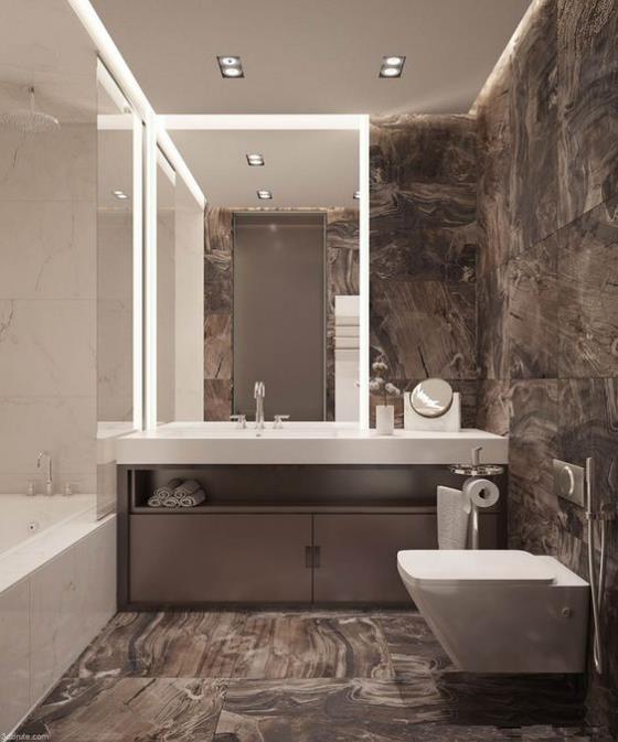 Ruskeat modernit kylpyhuoneen marmorilaatat mielenkiintoinen vilja -amme -wc -pesuallas valkoisella WOW -tehosteella