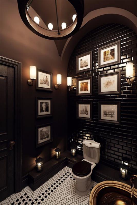 Ruskea moderni kylpyhuone suklaanruskea valkoinen koriste -elementit, jotka sopivat valaistuksen kontrasteihin