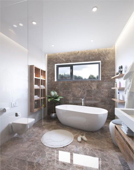 Ruskea moderni kylpyhuone erotettu lasiseinällä marmorilaatat valkoiset kylpyammeet wc -hylly pyöreä matto