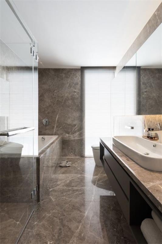 Ruskea moderni kylpyhuone suuri ylellinen kylpyamme taupe kylpyamme lasiseinä pitkä turhamaisuus paljon luonnonvaloa