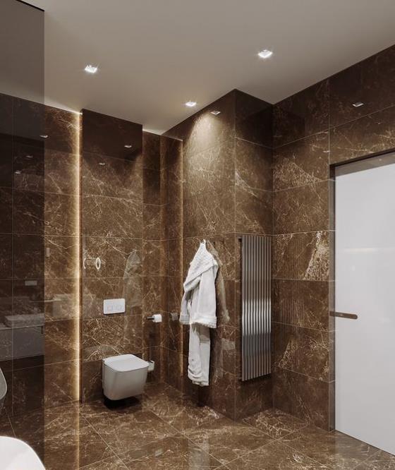 Ruskea moderni kylpyhuone lämmin sävy ruskea hasselpähkinä marmori laatat valkoinen kylpytakki