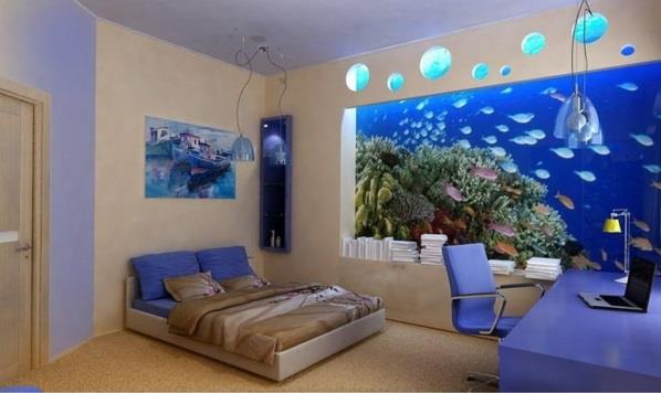 Loistava sänky akvaario sisustus makuuhuone