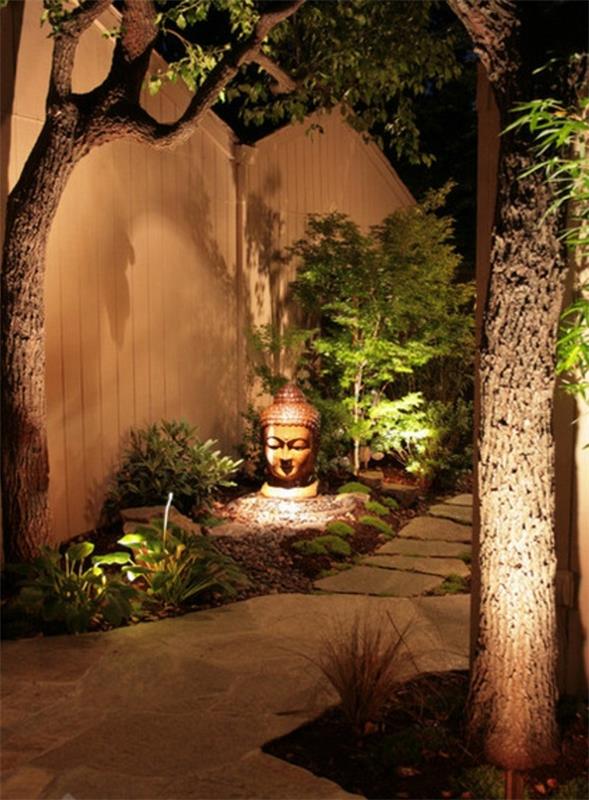 Buddha hahmot puutarhassa vihreässä ympäristössä valaistus