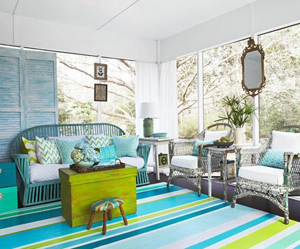 Tee värikkäitä puutarhakoristeita itse raidallinen lattia vihreä sininen jakkara nojatuoli