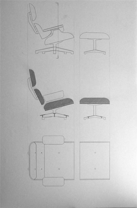 Charles Eames Lounge Chair -suunnittelijan nojatuolin luonnos