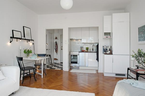 Yhden huoneen asunto Ruotsissa maton vaatekaappi keittiö