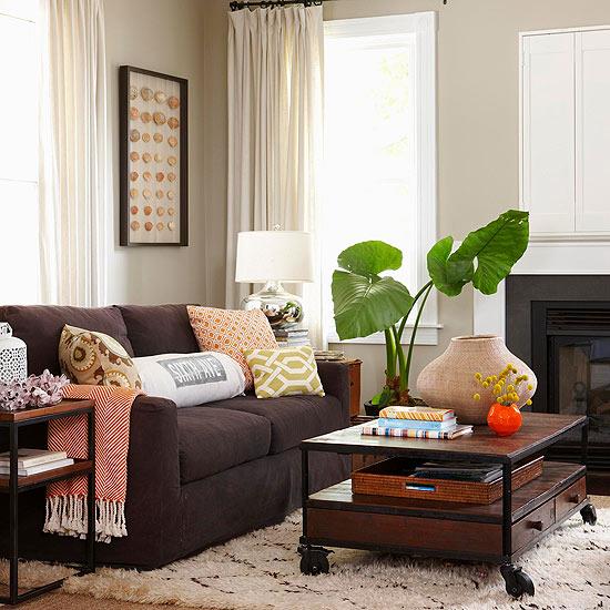 Viileä käytännöllinen olohuone suunnittelee kukkaruukun sohvan mukavan ruskeana