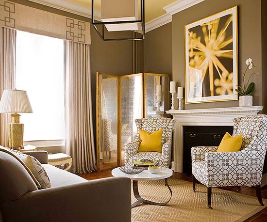 Viileä käytännöllinen olohuone suunnittelee keltaisia ​​sävyjä
