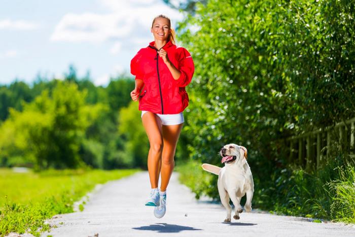 Koronakriisi ja koirat nuori nainen lenkkeilemässä koiransa kanssa