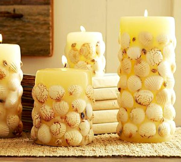 DIY -sisustusideoita hehkuvia kynttilöitä merisimpukkakuoret