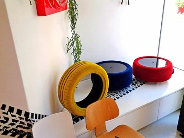 DIY huonekalut autonrenkaista autonrenkaat kierrättävät värikkäitä koristeita