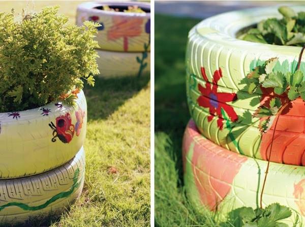 DIY huonekalut autonrenkaista maalattu kuvioita kasvi