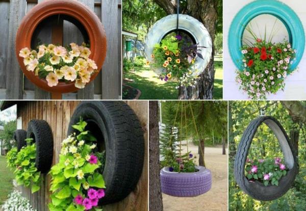 DIY -huonekalut, jotka on valmistettu autonrenkaista, kasvisäiliöt maalattu