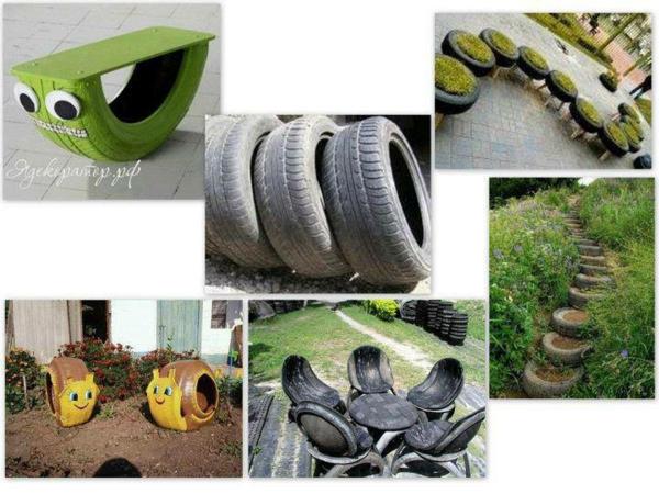 DIY -huonekalut, jotka on valmistettu autonrenkaista kierrätystaiteen puutarhapenkillä
