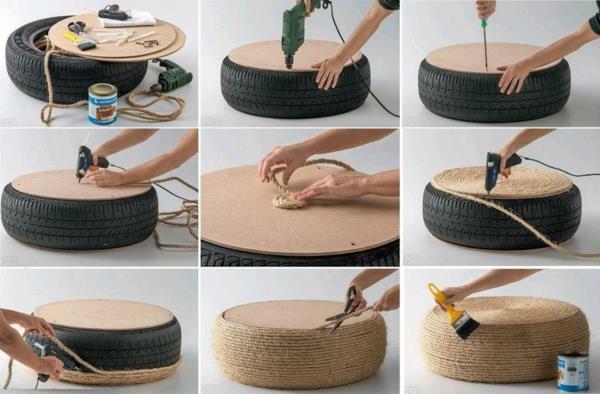 DIY -huonekalut, jotka on valmistettu autonrenkaista köysijakkara