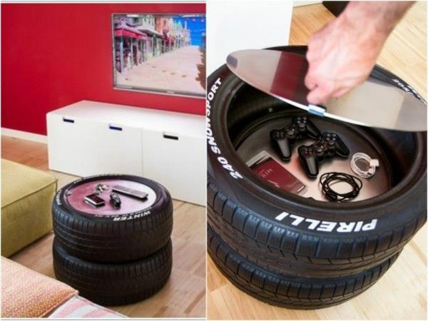 DIY -huonekalut, jotka on valmistettu autonrenkaiden säilytyskannen metallista