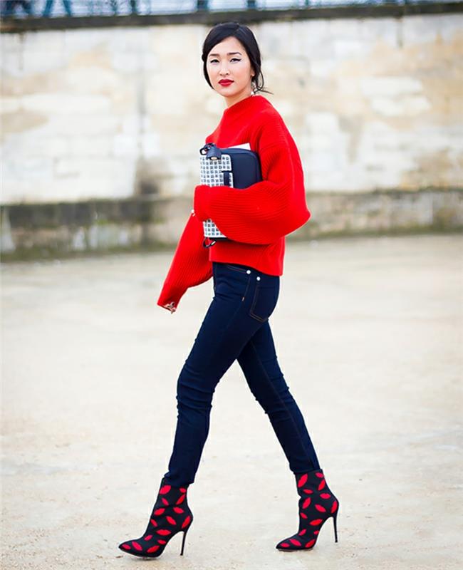Naisten villapaita kirkkaan punaiset farkut kantapää kengät
