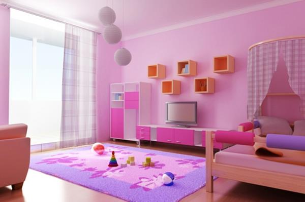 Lastenhuoneen sisustus kirkkailla naisellisilla väreillä