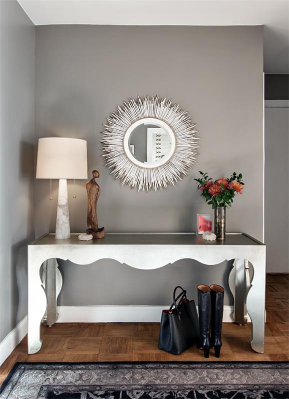 Koristeellinen seinäpeili käytävällä moderni muotoilu pyöreä peili valkoinen pöytä