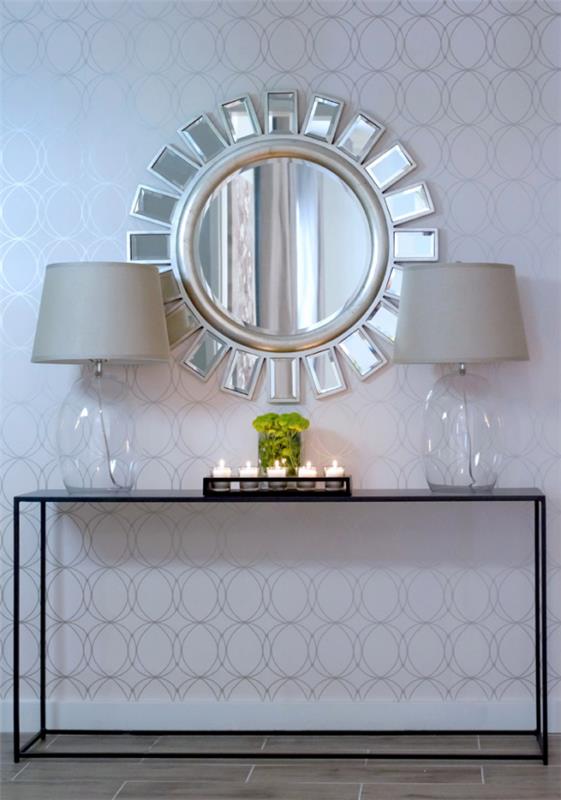 Koristeellinen seinäpeili käytävällä moderni muotoilu kaksi lamppua pyöreä peili