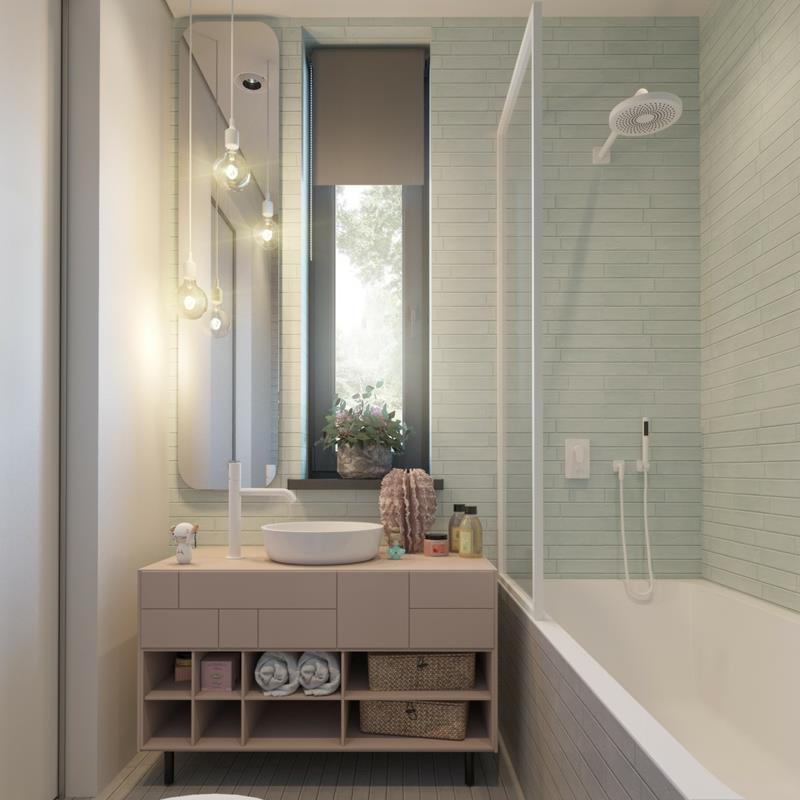Suunnittelijaideoita lastenhuoneen suunnittelu Kylpyhuone Seinän värit yhdistävät kylpyhuoneen laatat
