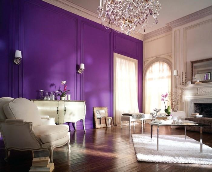 Väri violetti iso olohuone kaunis kattokruunu violetti seinä