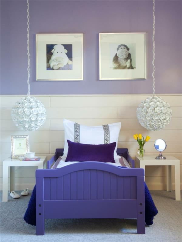 Väri violetti lastentarha seinän suunnittelu ideoita riippuvalaisimet