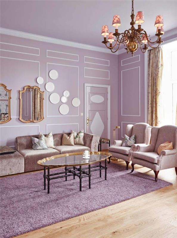 Väri violetti olohuone violetti sisustus vaaleampi lattia