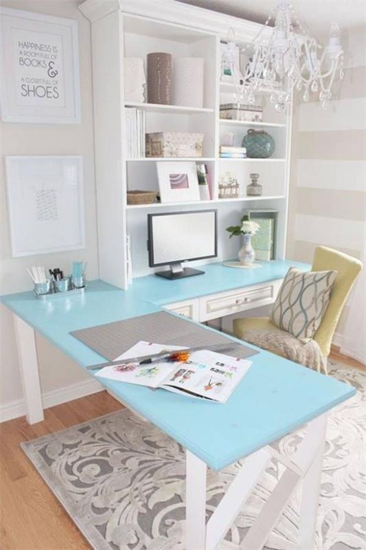 Kulmapöytä moderni kotitoimisto viileä kirjoituspöytä vaaleansinisellä