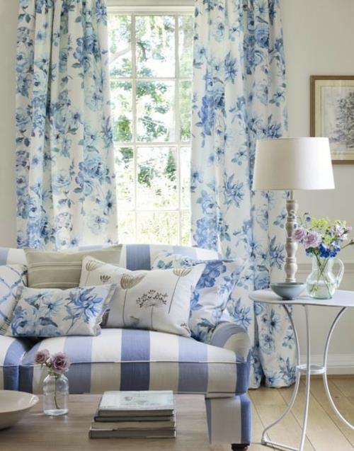 Kodin tekstiilien värit ja suuntaukset verhot sinivalkoiset kukat