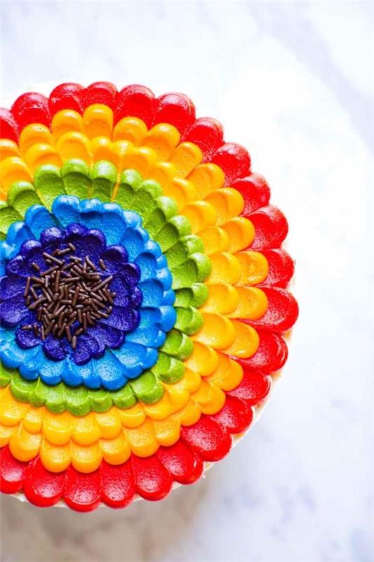 Värikäs ja herkullinen sateenkaari kakku resepti ideoita buttercream koristelu kukka