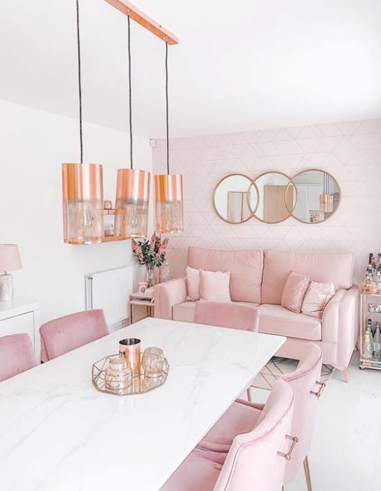 Väriparit olohuoneessa ja ruokasalissa vaaleanpunaisella ja valkoisella romanttisella ilmeellä kodikas sisustus