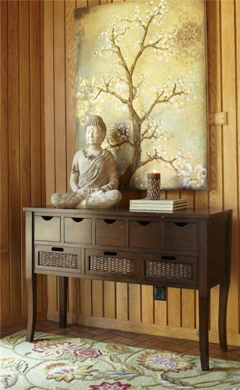 Feng Shuin elävän seinän koristelu Buddhan patsas puuseinä