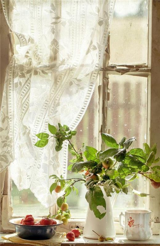 Ikkunoiden sisustusideoita keittiön huonekasveja leikkaa kukkia omenoita