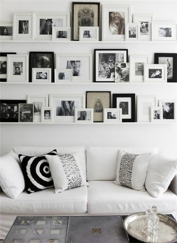 Valokuvaseinäideoita kuvanauhat koristavat seinät olohuoneen valokuviin mustavalkoisina