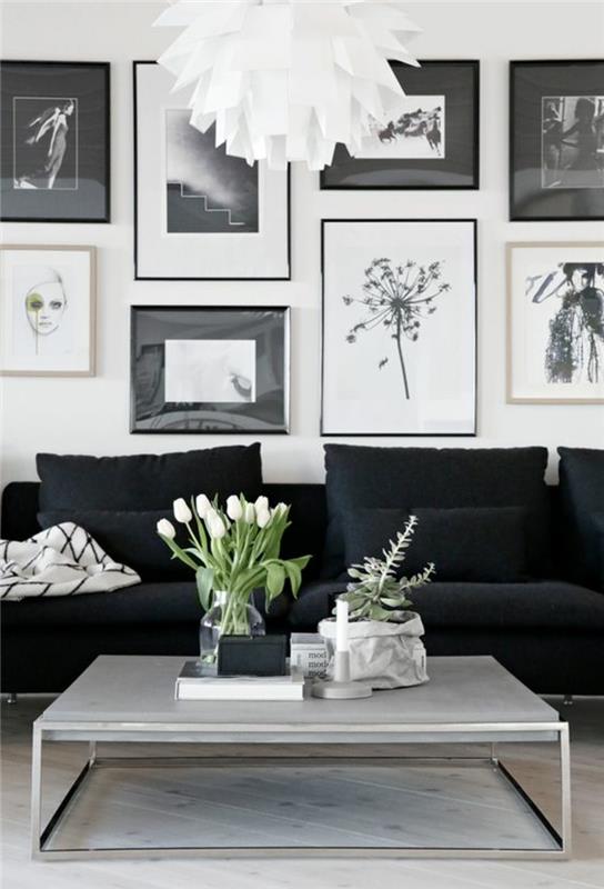Valokuvaseinäideoita musta valkoinen olohuoneen seinä koristella