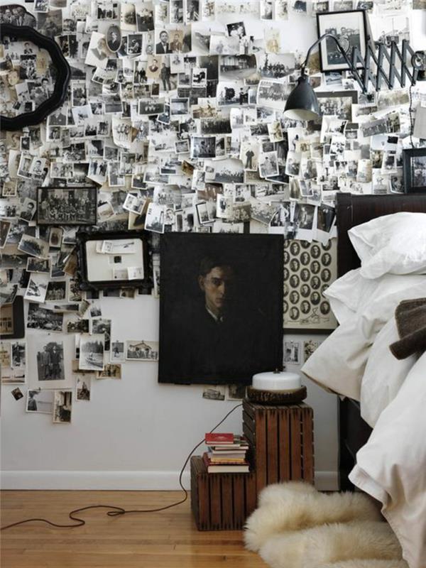 Valokuvaseinäideoita ja esimerkkejä makuuhuoneen seinät koristavat mustavalkoisia valokuvia